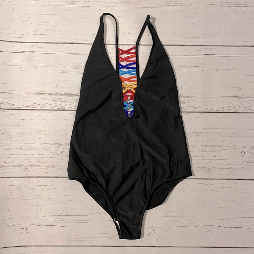 Venus black and rainbow racerback one piece size 8